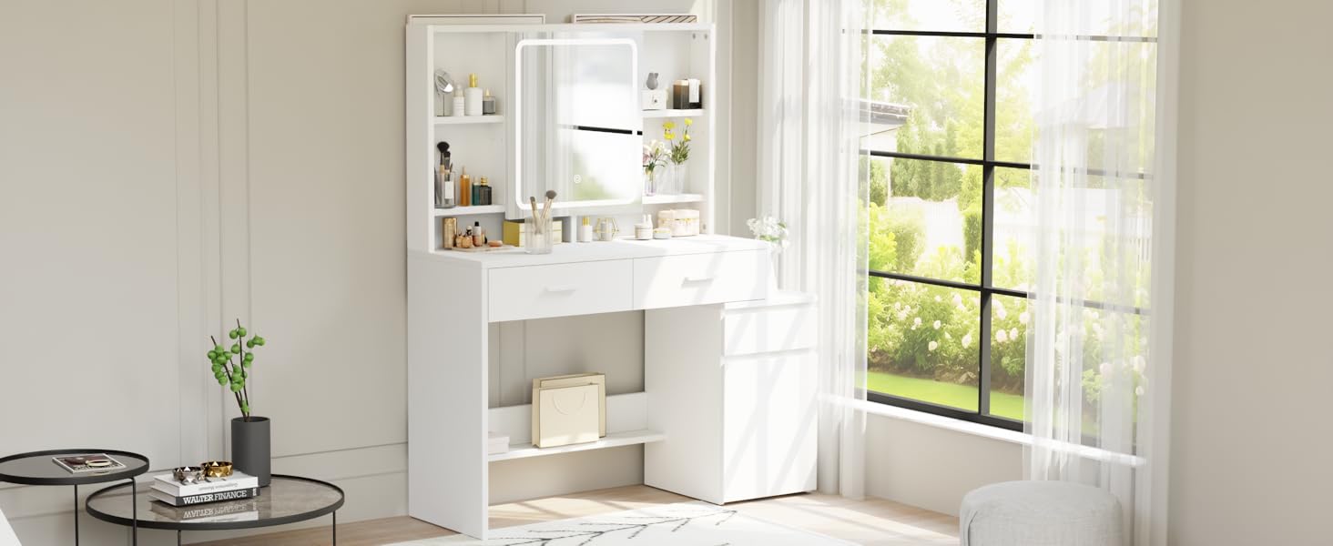 Дзеркало для макіяжу JUMMICO з LED-підсвічуванням, регульована яскравість та колірна температура, органайзер, туалетний столик з ящиками та регульованими полицями, 110x40x140 см