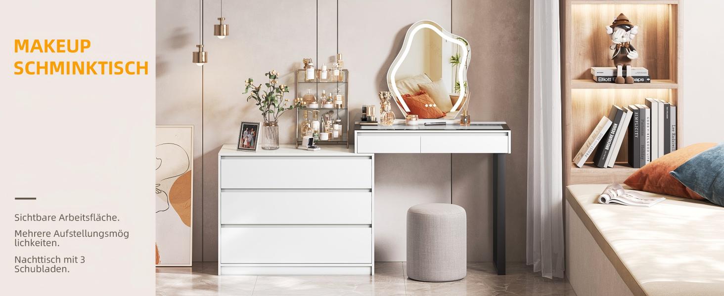 Тюль для макіяжу BROTTAR з регульованою LED-підсвіткою, туалетний столик зі дзеркалом, тумбочка з 5 висувними ящиками, кутовий туалетний столик, L-подібний, кутовий туалетний столик зі скляною стільницею, білий, стиль A