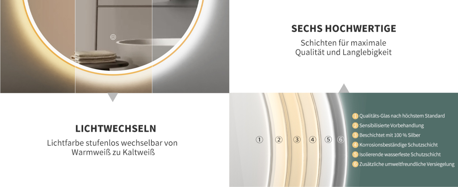 Дзеркало для ванної кімнати HOKO Design Riga, кругле, 60 см, з металевим каркасом Gold. LED-підсвічування, сенсорне керування, зміна кольору світла (тепле, холодне, нейтральне). 60 x 60 см