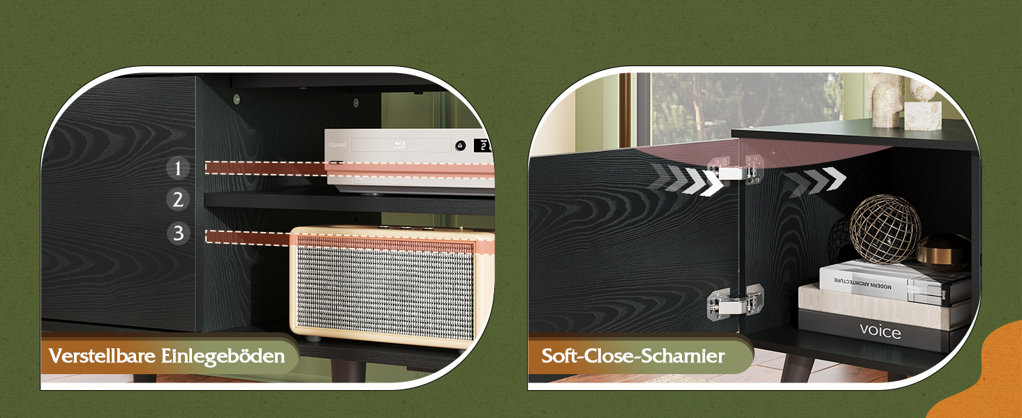 Тумба під телевізор WLIVE Schwarz 160x40x47 см, чорна, з 2 дверцятами та 2 відкритими полицями для вітальні, спальні, їдальні