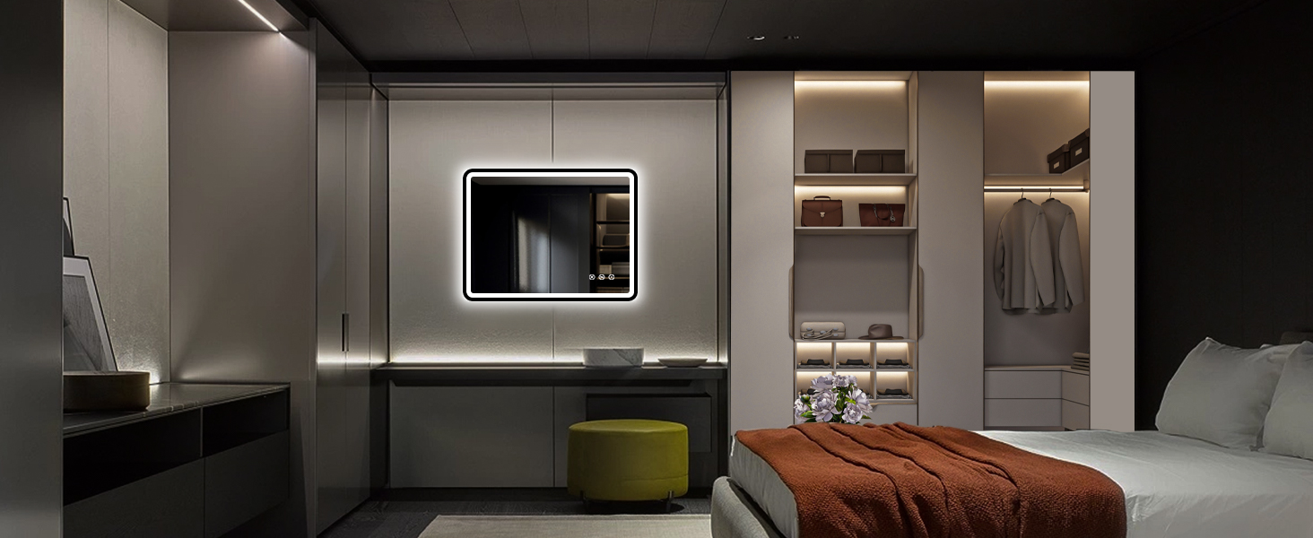 LED дзеркало для ванної кімнати 80x60 см з підсвічуванням, диммер, протитуманне покриття, 3 кольори світла, IP44, функція пам'яті, горизонтальний/вертикальний монтаж