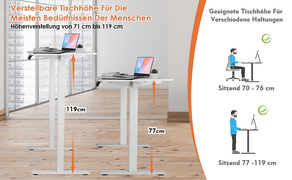 Електричний регульований стіл Pachira 120x60 см з пам'яттю та LED-дисплеєм, з гачками та кабелеуправлінням, ергономічний для дому/офісу, білий