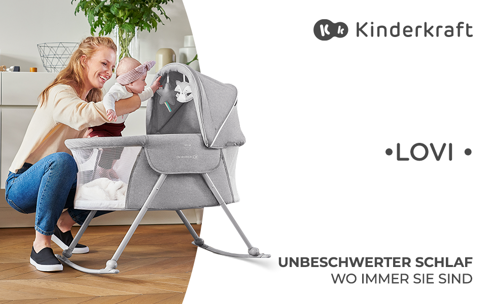 Ліжко для подорожей Kinderkraft 3in1 LOVI, люлька, люлька, коромисло, складне, з аксесуарами, до 9 кг, сірий