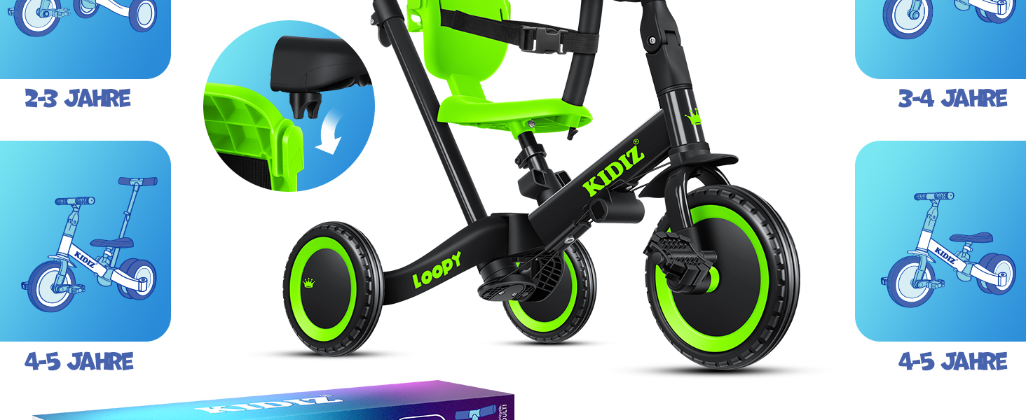 Біговел-триколіс KIDIZ 6-в-1 для дітей від 1 до 5 років (до 25 кг), чорний: з ручкою, захисним бампером, ременем безпеки, дзвінком та дзеркалом