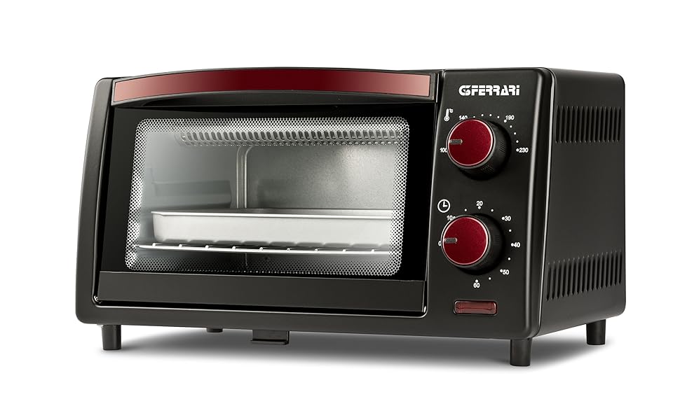 Міні-піч G3 Ferrari G10169 il Moro 10, 800 Вт, таймер 60 хв, дверцята для очищення, 100–230 °C, гриль INOX, чорно-червоний