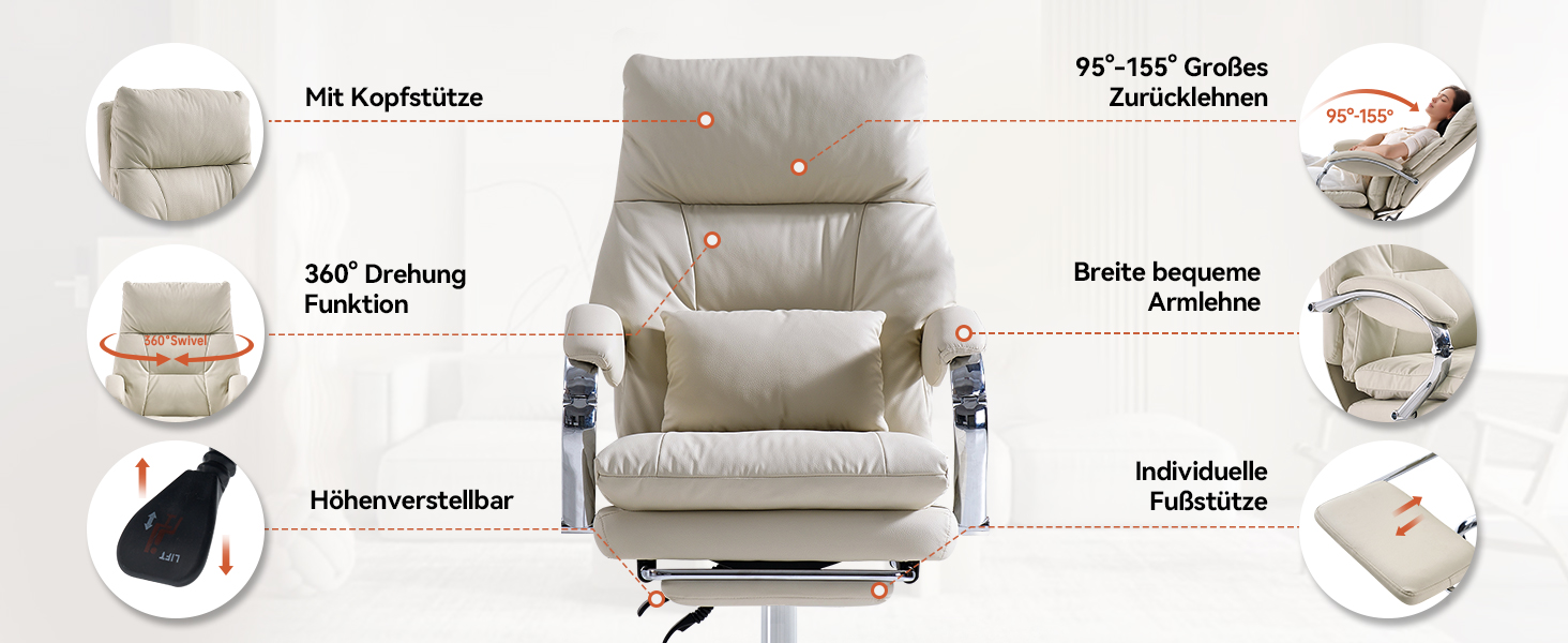 Офісний крісло EMIAH з підставкою для ніг, комфортний крісло для роботи з підлокітниками, ергономічний крісло для начальника з PU шкіри та роликами, ігровий комп'ютерний стілець з потовщеним сидінням, без функції масажу (Бежевий)