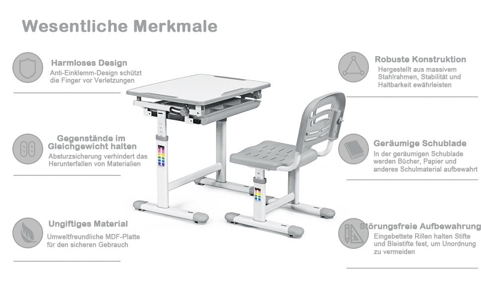 Дитячий стіл COSTWAY регулюється по висоті, учнівський стіл Дитячі меблі регулюється нахилом, дитячий стіл зі стільцем, дитячий стіл, вибір кольору (сірий)
