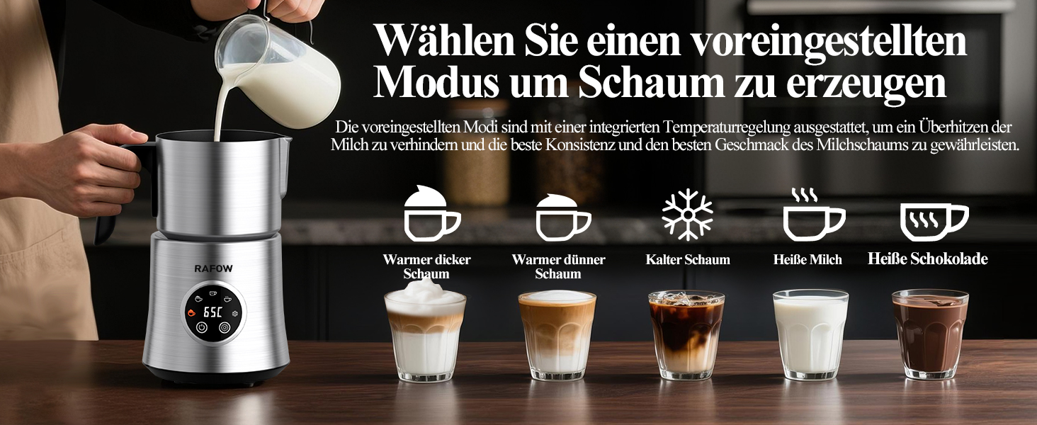 Електричний спінювач молока 5 в 1 - автоматичний спінювач молока з великим об'ємом, для гарячого та холодного молока, для капучино, лате, гарячого шоколаду, 500 мл, миється в посудомийній машині