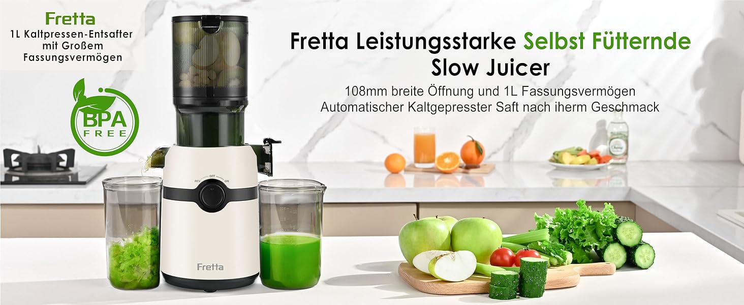 Фреш-прес Fretta: повільний соковичавник з широкою годівницею 108 мм, 200W, 1л, BPA-free Tritan, білий