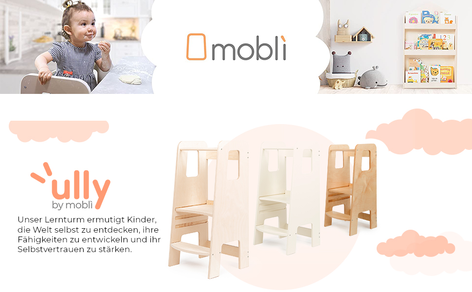 Стілець-сходинка Montessori Mobli для малюків: білий, з берези, лакований, регульовані сходинки для незалежності та безпеки