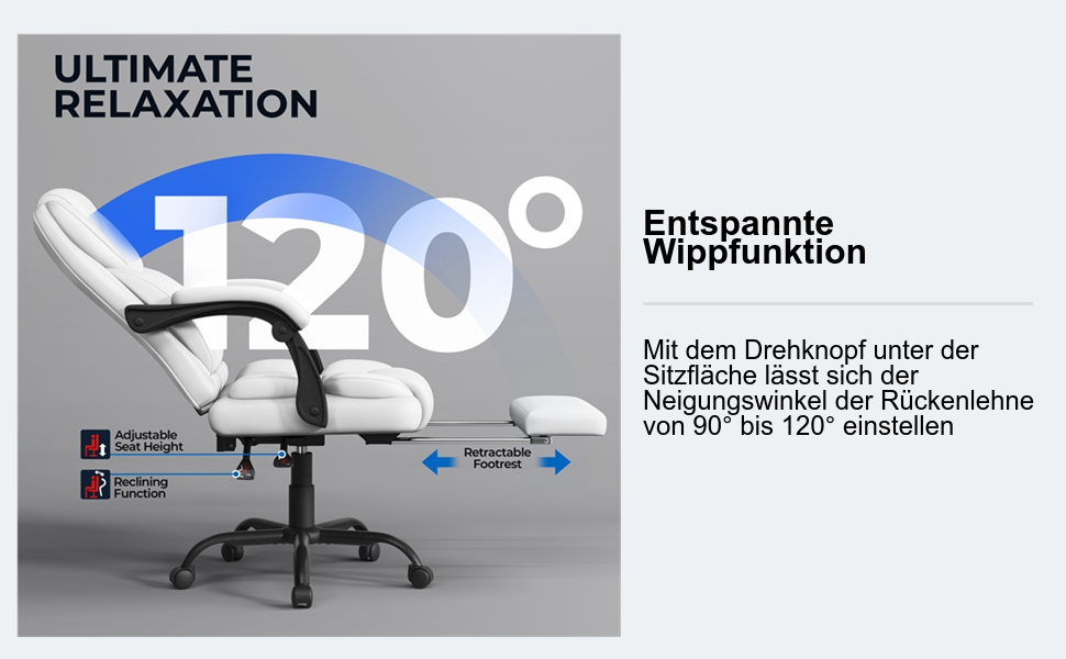 Ергономічне крісло Yaheetech для офісу, для начальника з підставкою для ніг, регульовані підлокітники, комп'ютерне крісло з високою спинкою, біле