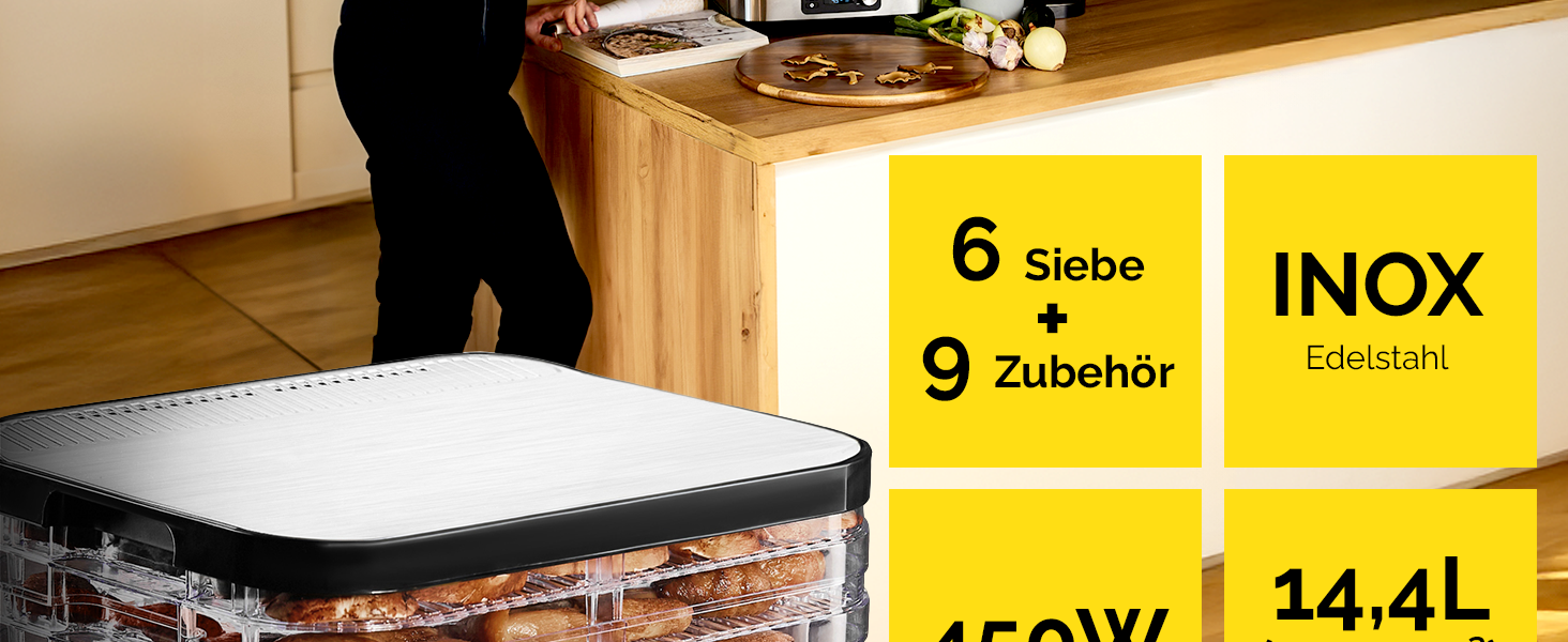 Дорівка для продуктів VitaSave FD01S з нержавіючої сталі, 450W, 6 ящиків, 9 аксесуарів, 4725 см², таймер 24 год, LED-дисплей, BPA-free, для фруктів та сухофруктів