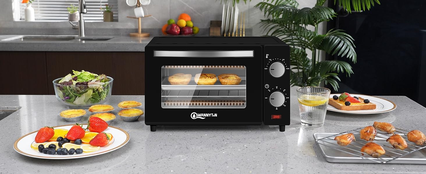 Міні-піч Wannyton 10L: піч для піци, випічки та хліба, 650W, 100-230°C, таймер, решітка, деко, чорний