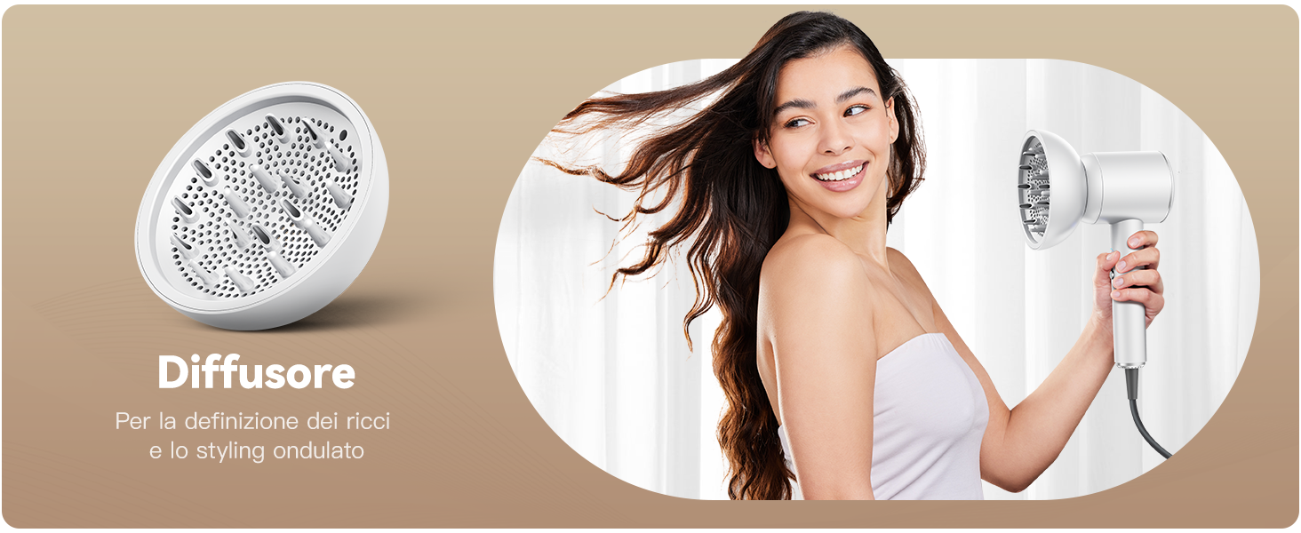 Іонний фен для волосся DEWILY з дифузором 1800Вт, 3 температурні режими, компактний дорожній фен для кучерявого волосся, білий