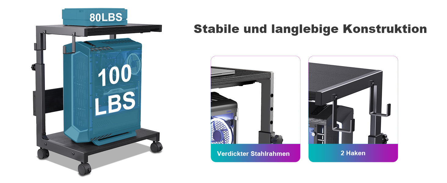 Регульована підставка для комп'ютера Tower, чорна, 44x30x44-59.5 см з ATX корпусом та місцем для зберігання