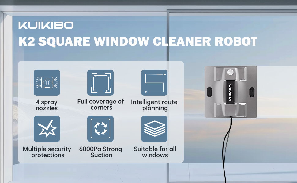 Робот для миття вікон K2 з функцією розпилення, 6000Pa, тихий, для рамових та безрамових вікон, з 4 запасними серветками