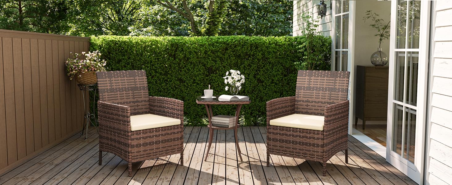 Набір меблів для саду UDPATIO Lounge: стіл та 2 стільці з поліротангу для балкона/тераси (колір: коричневий, 3-х частинний)