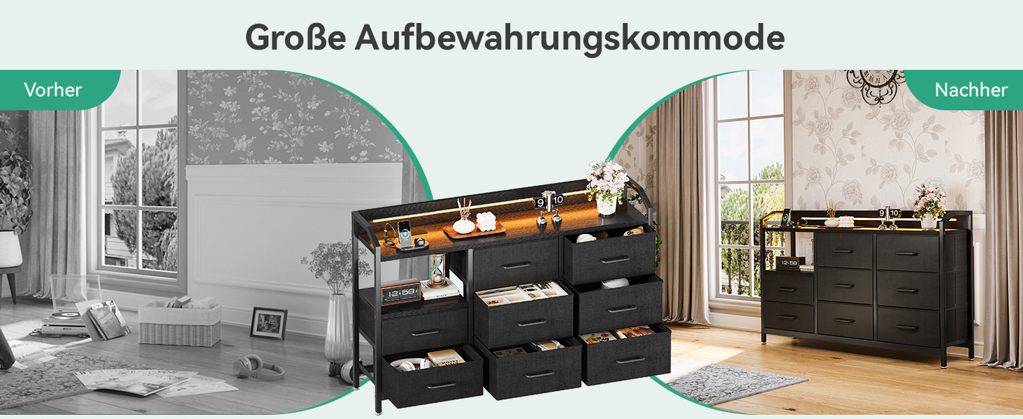 Комод ODK з висувними ящиками та LED-підсвіткою, 10 кольорів, 2 USB та 2 AC розетки, 8 тканинних ящиків, для вітальні та спальні, 110x30x88 см (Чорний)