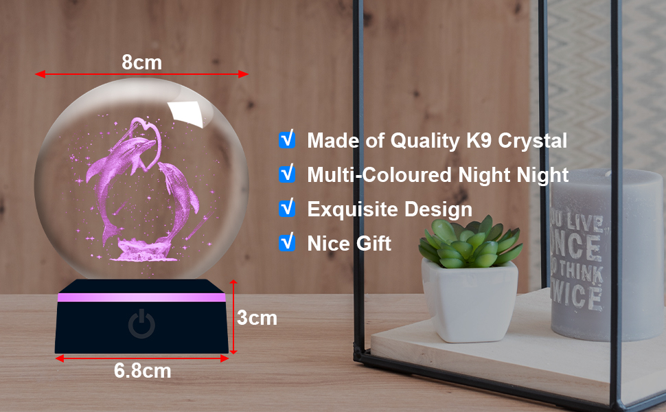Нічник ALEENFOON 3D Crystal Ball зі світлодіодною основою, з можливістю затемнення, фігура дельфіна, для дітей та декору