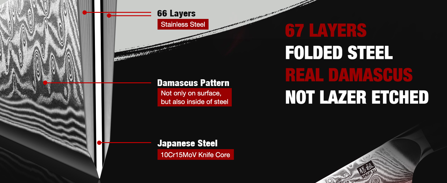 Японський ніж SHAN ZU 15 см з дамаської сталі, PRO Series - універсальний ніж для кухні з лезом з 67 шарів вуглецевої сталі та ручкою G10