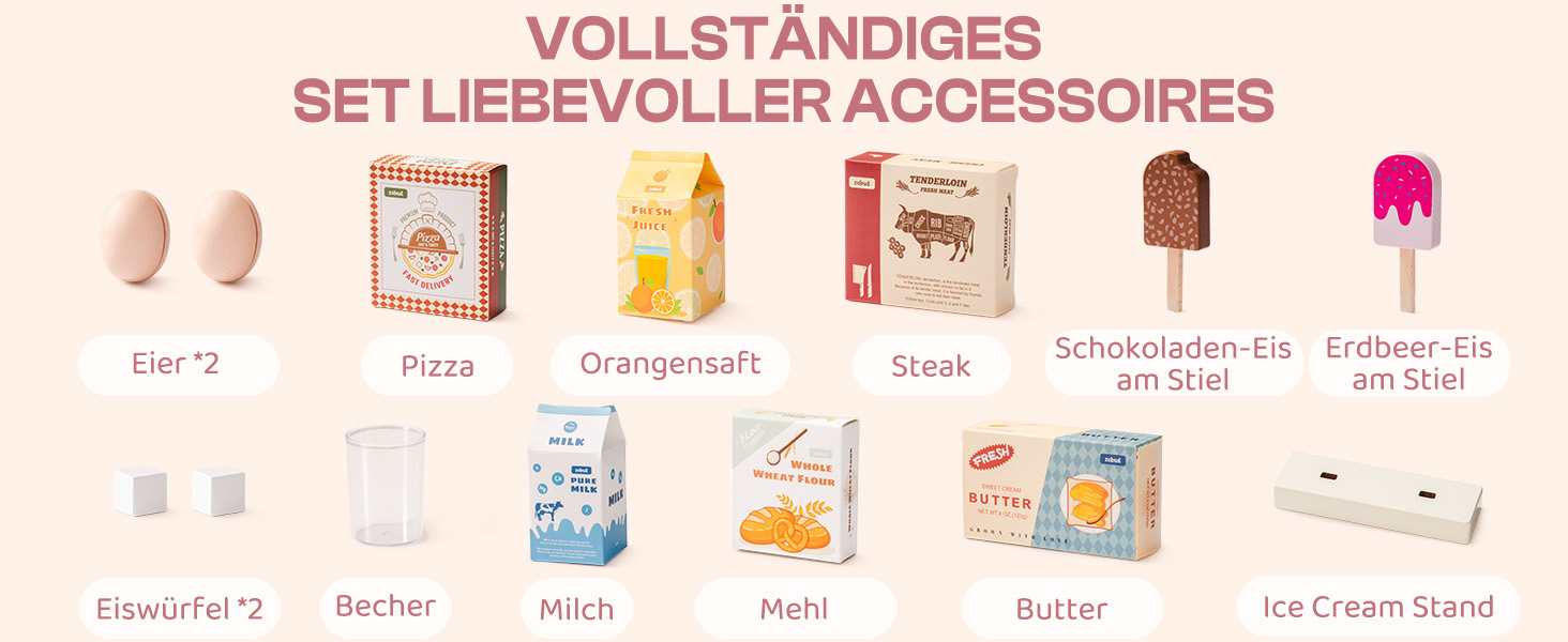 Дерев'яна іграшкова кухня ROBUD для дітей з реалістичним аксесуаром, набір іграшкової кухні з багатьма функціями, сучасний дизайн, подарунок від 3 років (холодильник)