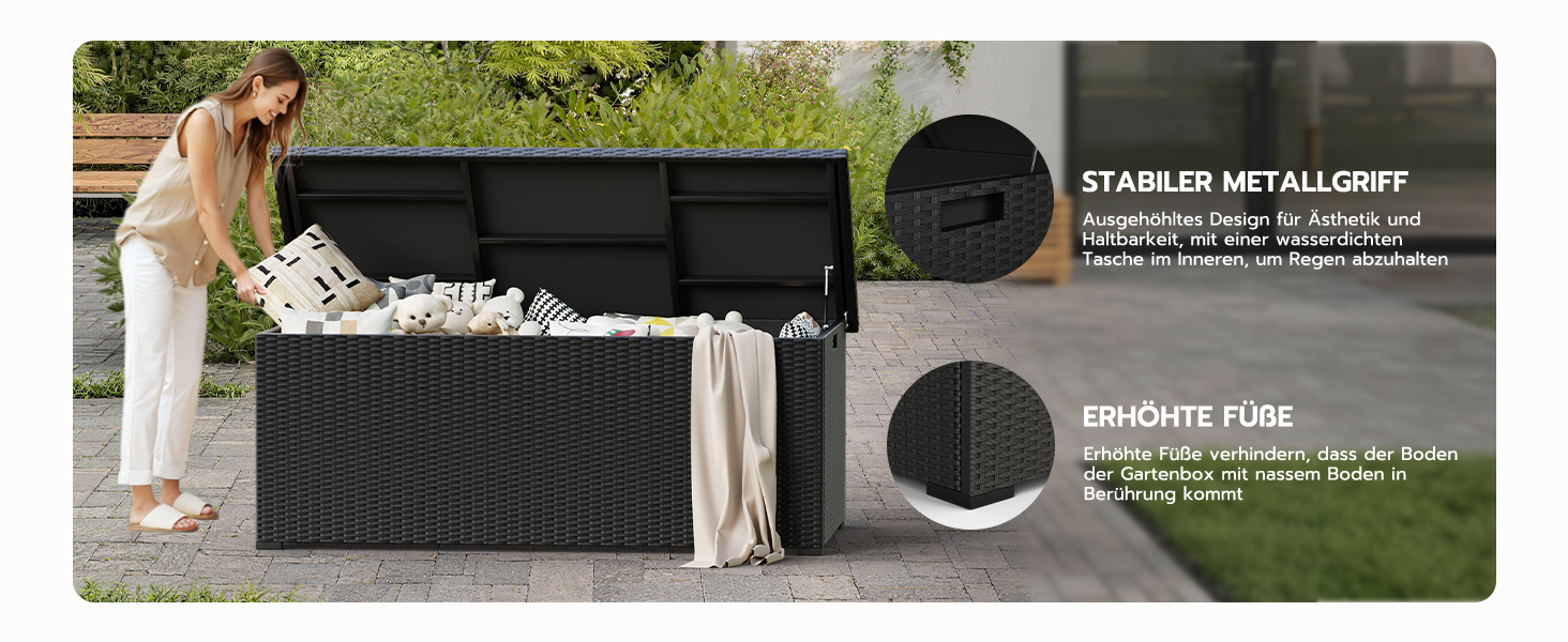 Скриня для подушок садових Polyrattan Amopatio 650л, водонепроникна, з газліфтом, чорна. Ящик для зберігання для саду та балкону