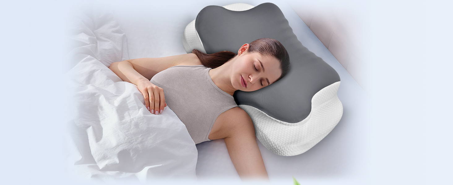 Подушка для шиї з піною з пам'яті, дихаюча, ергономічна, 65x37x10/12см, сіра
