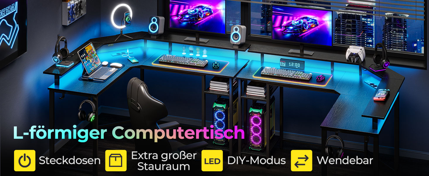 Роланстар Кутовий стіл L-подібної форми з LED-підсвічуванням та розетками, 135 см, стіл для комп'ютера з підставкою для монітора та полицею, реверсивний кутовий стіл з 2 гачками, ідеально підходить для робочого кабінету, спальні, офісу, 134,5 x 134,5 x 86,2 см, Чорний