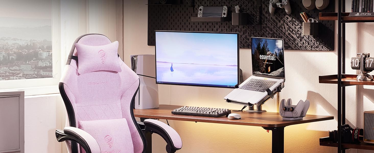 Ігровий крісло Dowinx з тканини, з пружинним сидінням та масажем попереку, офісне крісло з підніжкою для дорослих, ергономічне, велике та високе, 135 кг, рожеве