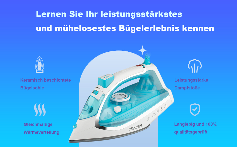 Парова праска з керамічною підошвою, самоочищення, 340 мл резервуар для води, 3000 Вт, автоматичне вимкнення (зелена/блакитна)