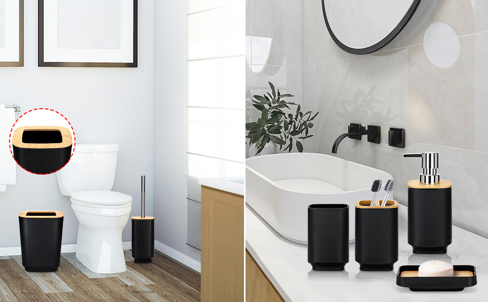 Набір аксесуарів для ванної кімнати JOTOM 6 шт. з бамбука, чорний: мильниця, дозатор мила, тримач для зубних щіток, стакан, сміттєве відро