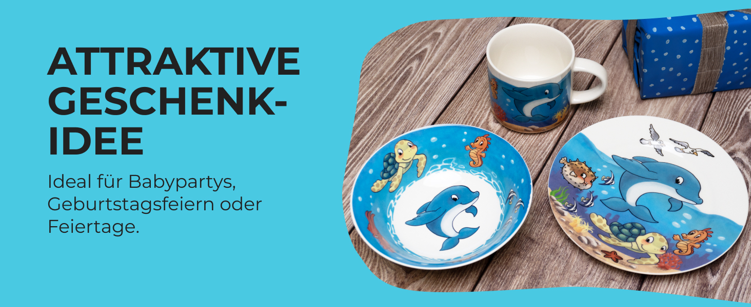 MIAMIO Набір дитячого посуду 3 шт. з порцеляни (Тарілка, Миска, Чашка) - Океан