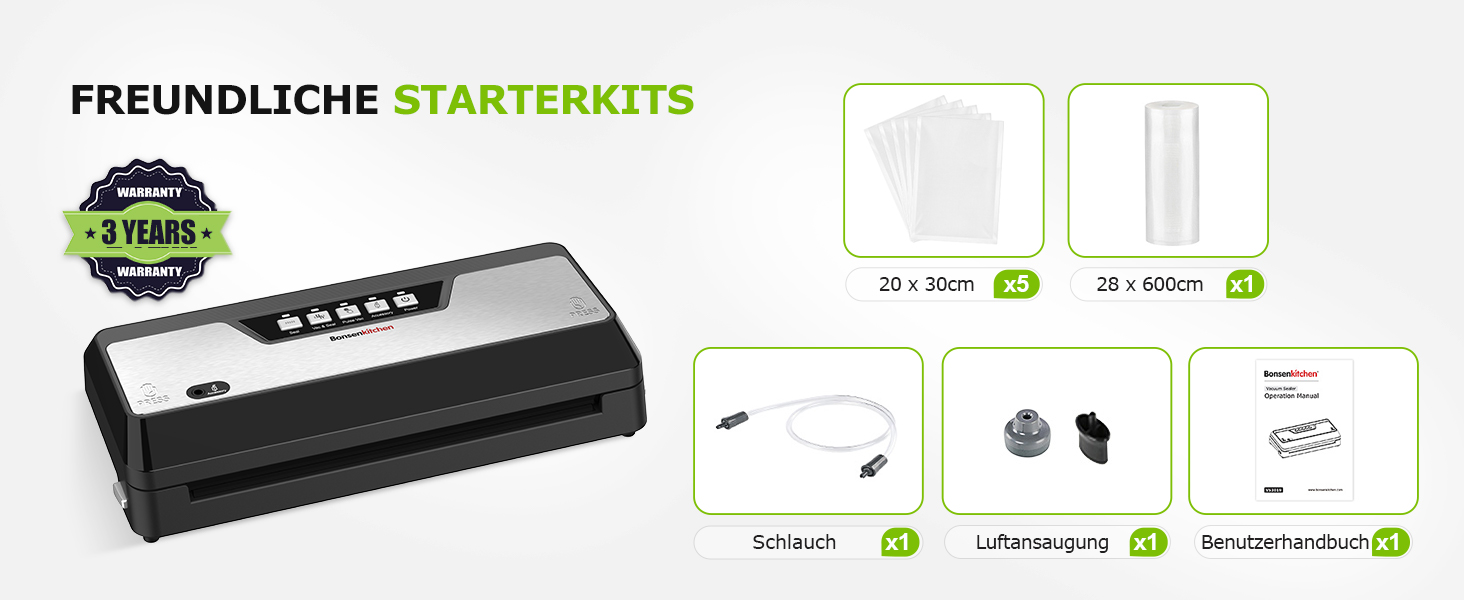 Вакууматор для продуктів Bonsenkitchen з вбудованим різаком, компактний вакууматор для Sous Vide та заготовок, кілька режимів роботи, чорний (в комплекті 1 рулон та 5 пакетів)