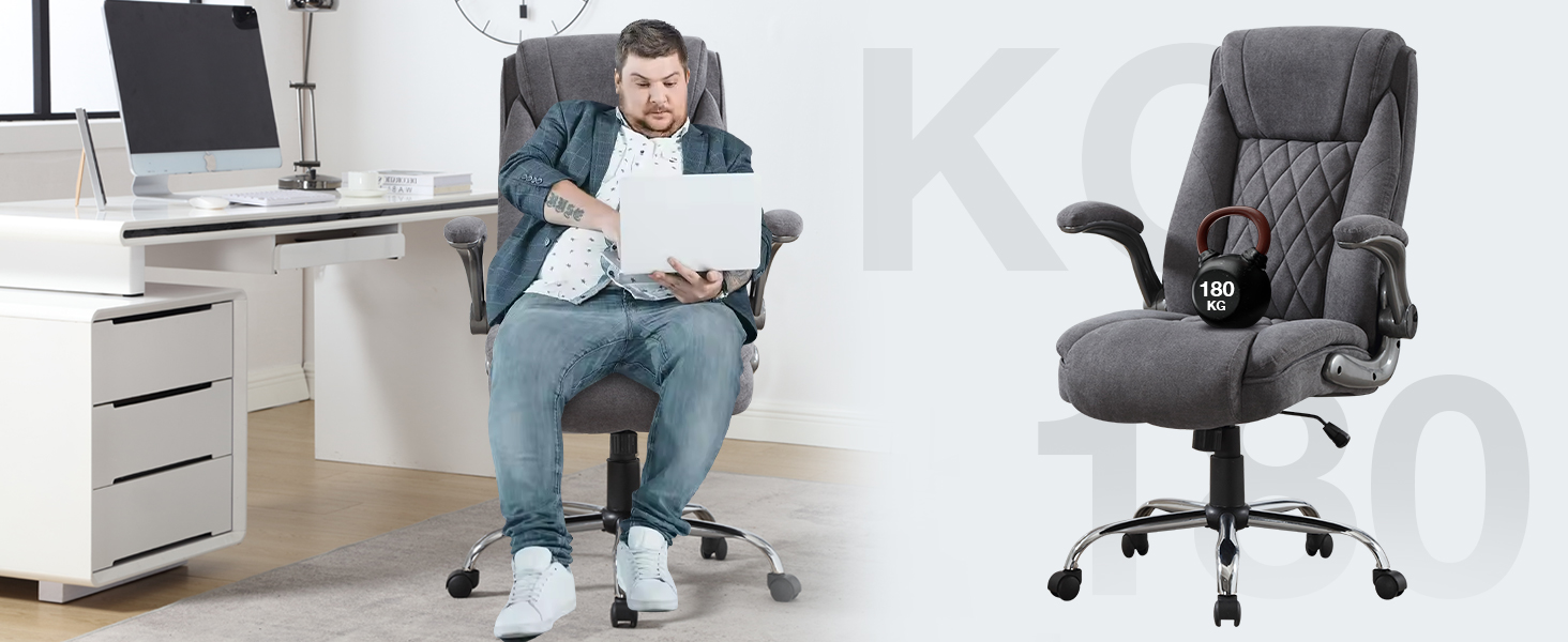 Ергономічне крісло для офісу 180 кг, комп'ютерне крісло з високою спинкою та широкою сидінням, регульовані підлокітники, для офісу, дому, геймінгу, сірий (без масажу)