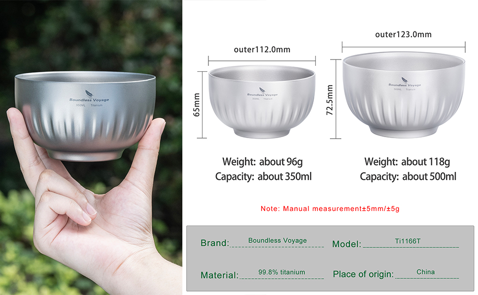 Миска iBasingo Titanium з подвійними стінками 350 мл і 500 мл ультралегкий відкритий кемпінг Ti1166T