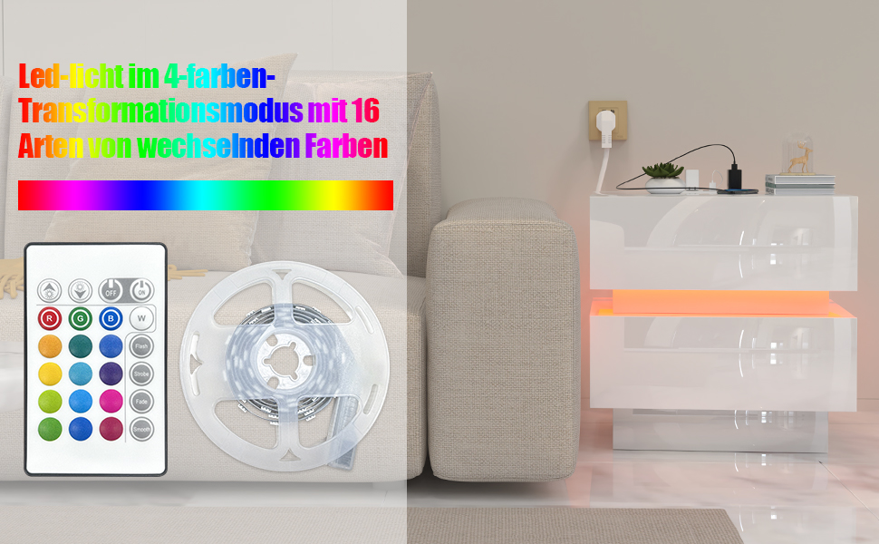 Тумба приліжкова з LED підсвіткою, біла, 2 шухляди, для спальні та вітальні, 45x35x46 см