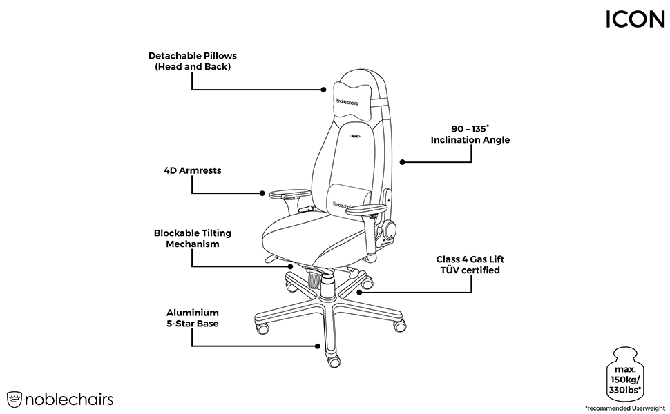 Noblechairs ICON Cognac/Schwarz: Ігровий крісло з екошкіри, 150 кг, ергономічний офісний крісло з підлокітниками