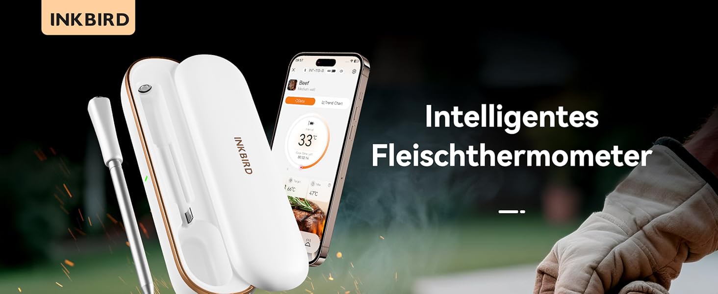 Термометр для м'яса Inkbird INT-11S-B: Бездротовий термометр-щуп з Bluetooth, IP67, для приготування на грилі, BBQ, духовці та коптильні