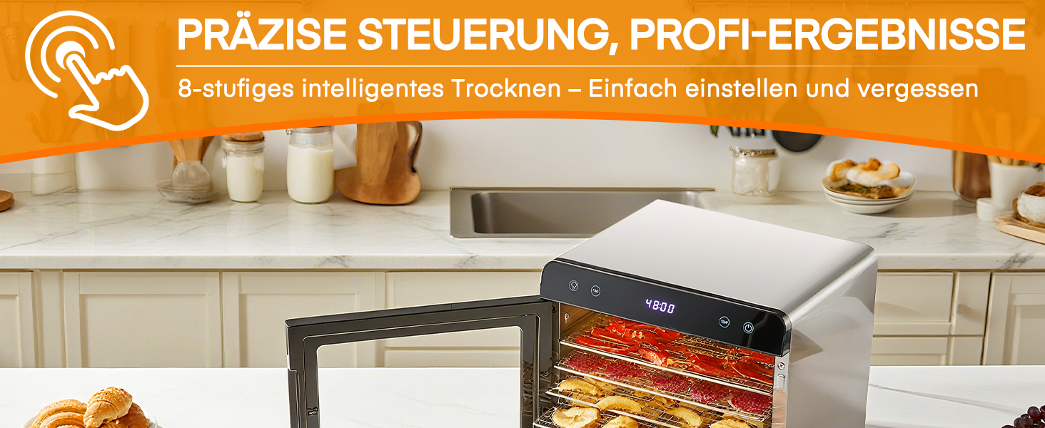 Електричний дегідратор FOHERE з нержавіючої сталі, 650W, 8 ярусів, таймер 48h, 35-75°C - для овочів, м'яса, трав, здорових перекусів та кемпінгу