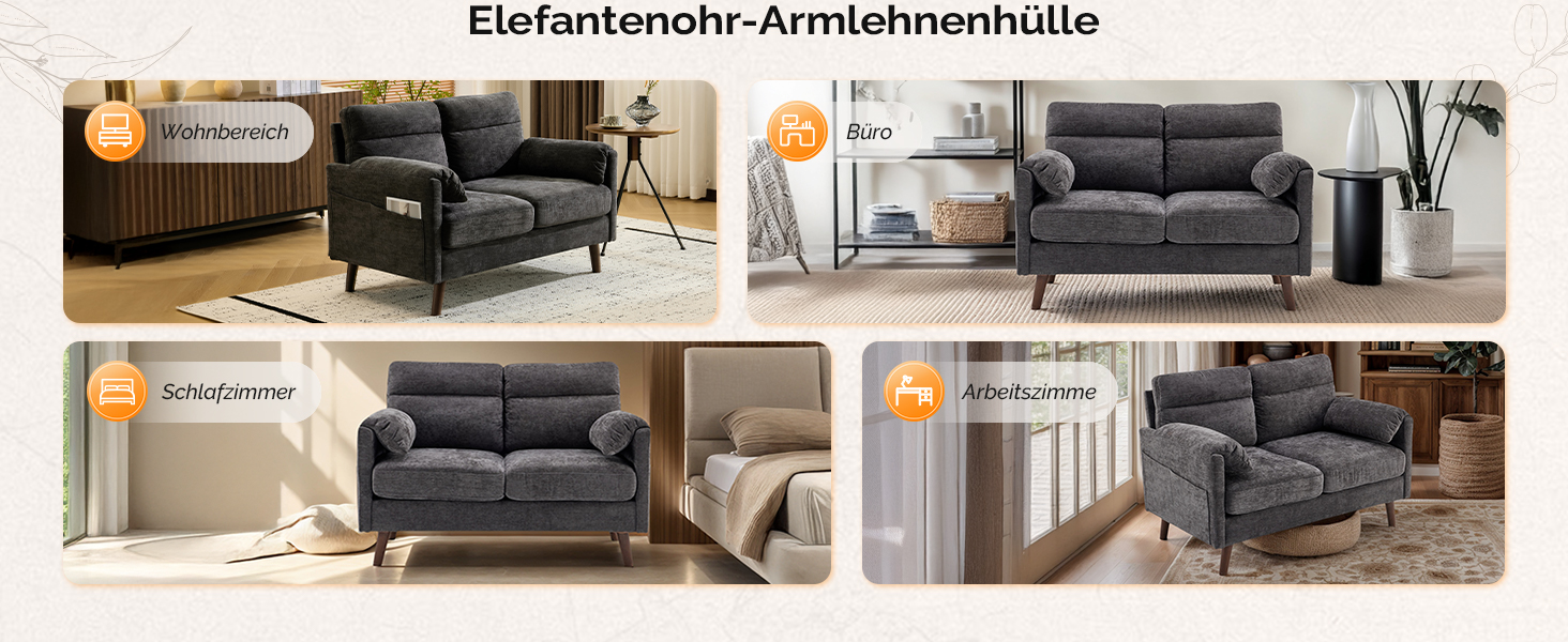 Диван Bonnlo 2-місний, компактний, 125 см, тканинний, сірий. Для офісу, вітальні, спальні, кабінету. Легка збірка, льон.