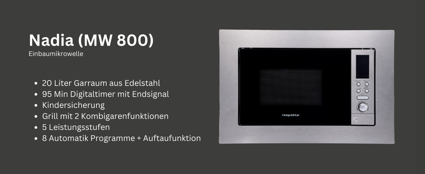 Вбудована мікрохвильова піч Respekta MW800 / 20 л мікрохвильова піч з грилем/мікрохвильовою піччю 800 Вт/гриль 1000 Вт / 5 рівнів потужності/цифровий таймер / 38 x 56 x 50 см Монтажні розміри (В x Ш x Г) Одинарний