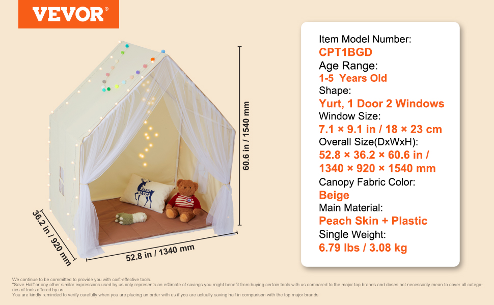 Дитячий намет VEVOR Tipi для дітей 1-5 років, складний намет з килимком та сумкою, з вікнами, для хлопчиків та дівчаток, бежевий (монгольський намет)