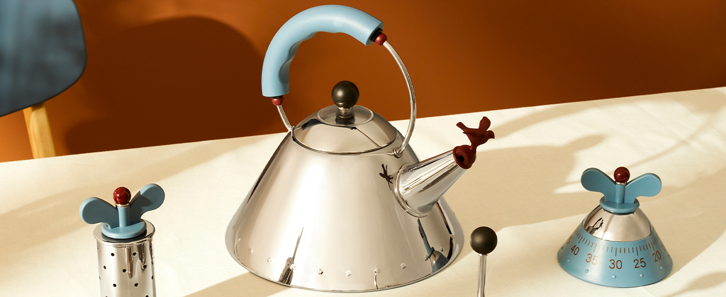 Чайник Alessi 9093/1 LAZ зі сталі 18/10 для індукційних плит, світло-блакитний, з магнітним дном та свистком у формі пташки
