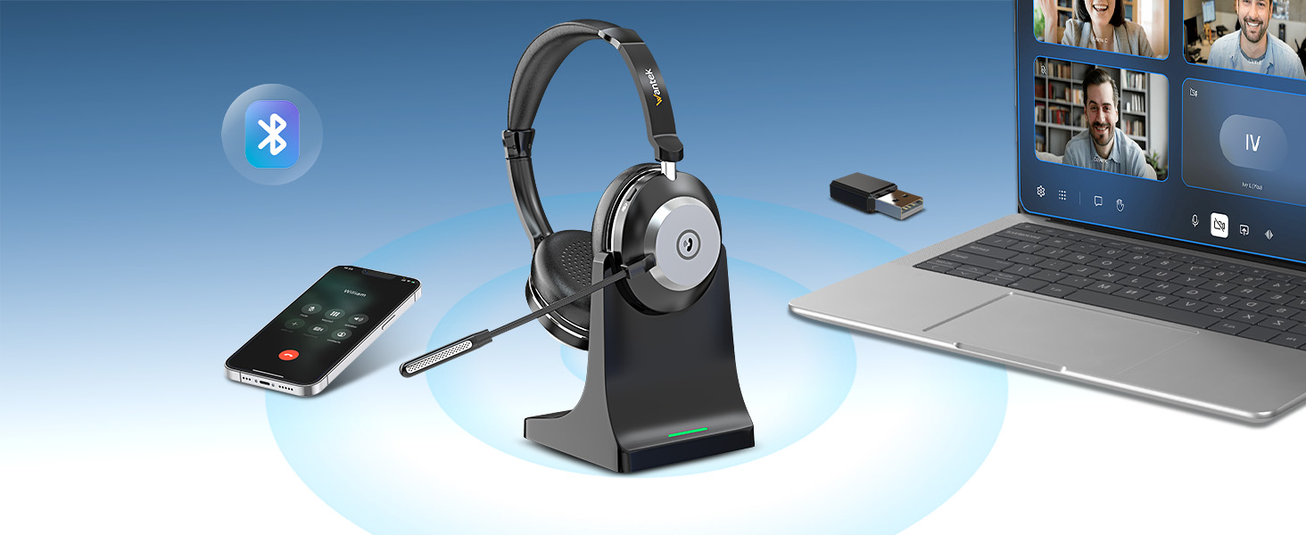 Бездротова гарнітура Wantek з мікрофоном та зарядною станцією, Bluetooth навушники з USB-адаптером для кол-центру, офісу, Zoom, Skype та Teams (сіро-чорний)
