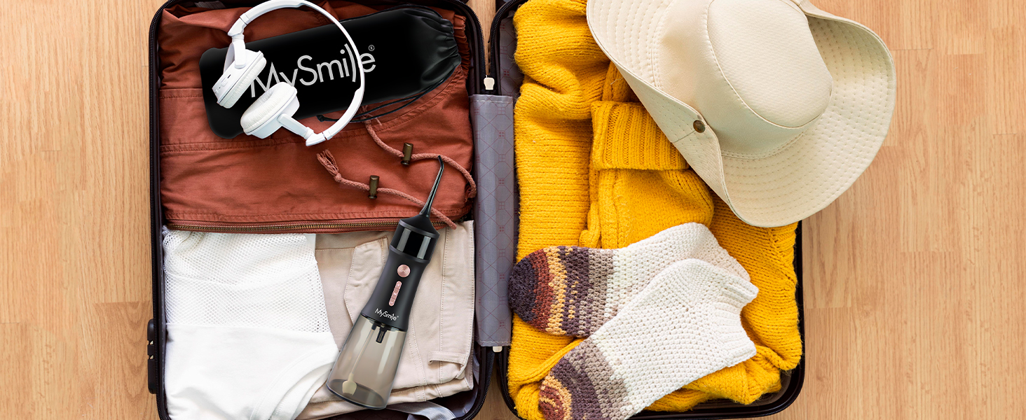 MySmile LP221: Бездротовий ірigator для зубів з UVC стерилізацією, 335 мл, OLED-дисплей, 4 режими, 8 насадок, для дому та подорожей, чорний