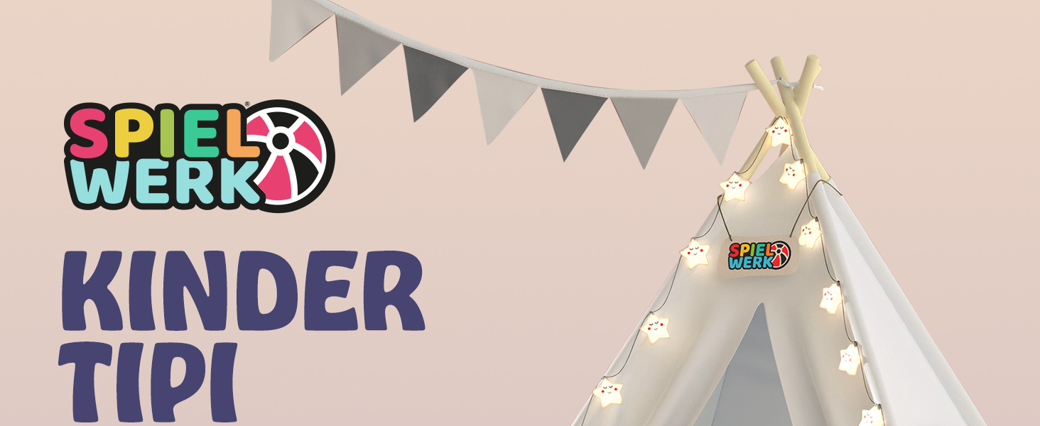 Дитяче намет-тіпі Spielwerk® з килимком, гірляндою та подушками. Намет для гри в приміщенні, 130x130 см, бавовна, дерево.