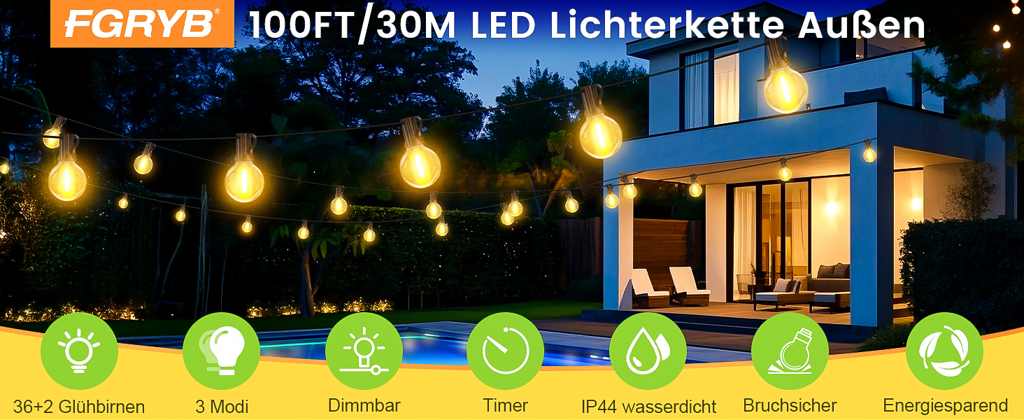 LED гірлянда вулична 30м G40, водонепроникна, теплий білий, диммер, пульт ДУ, 3 режими для саду, балкону, вечірок