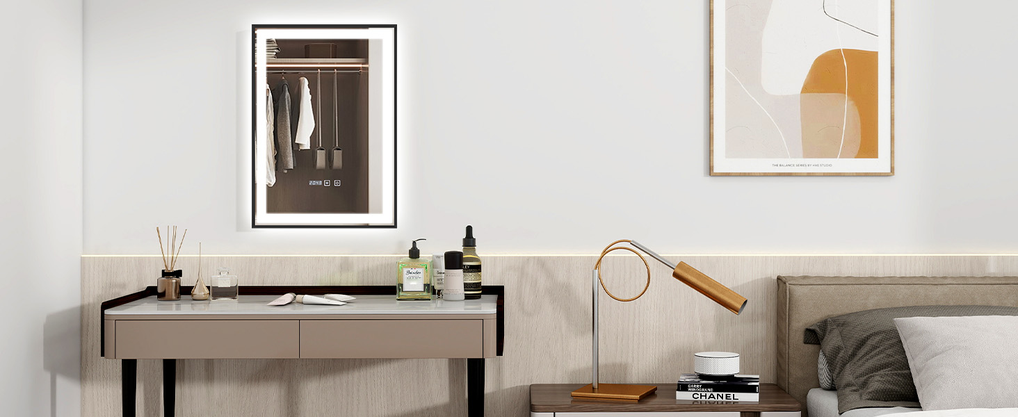 Дзеркало для ванної кімнати YOURLITE з підсвіткою, 85x55 см, LED, сенсорне керування, 3 кольори світла, регулювання яскравості, протизапобігання запотіванню, вертикальна/горизонтальна орієнтація, IP44, білий (чорний-5070)