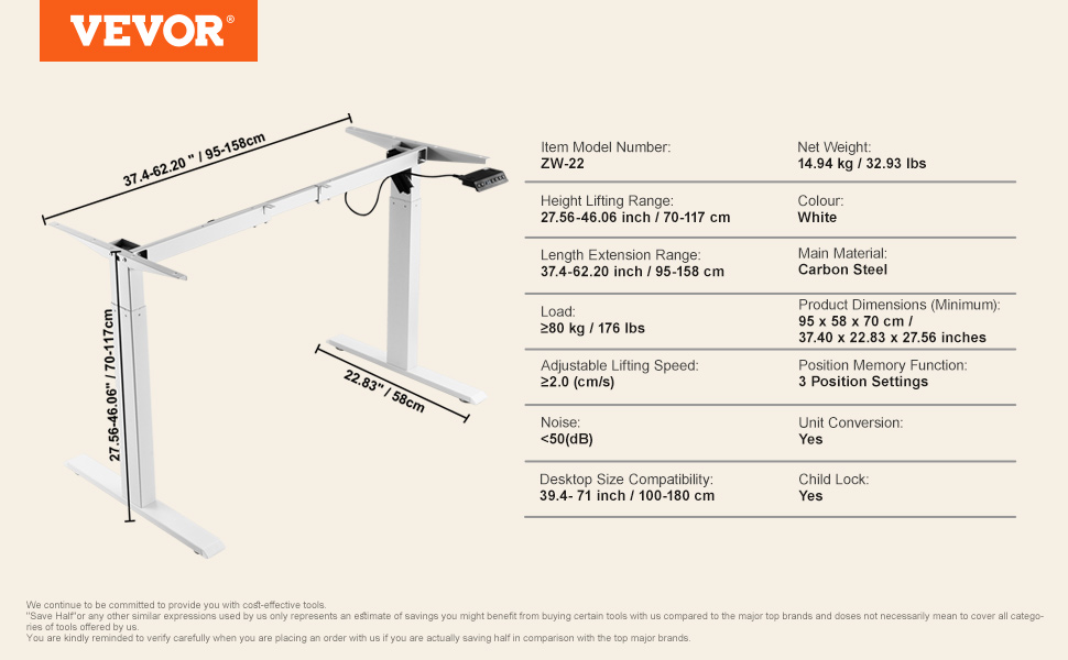 Електричний підйомний механізм для столу VEVOR з подвійним мотором, регулювання висоти 65-129 см та довжини 110-178 см, ергономічна основа для робочого місця, 3 позиції (тільки каркас), 2 мотори, білий, 70-117 см