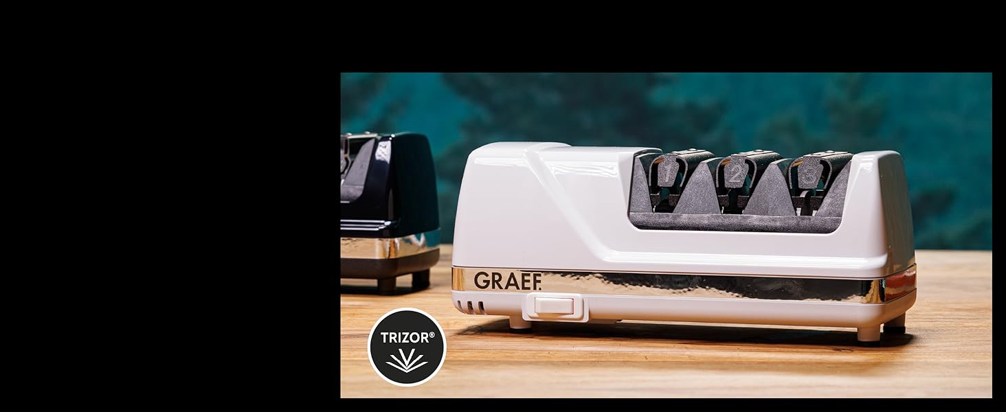 Електричний точило для ножів GRAEF CC120, 3 рівні заточування, алмазне напилення, для кухонних та мисливських ножів, білий